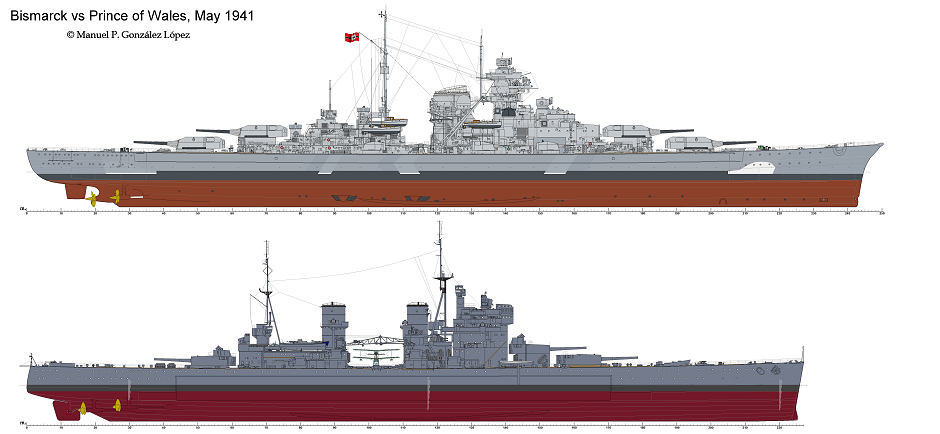 Bismarck vs Prince of Wales drawings